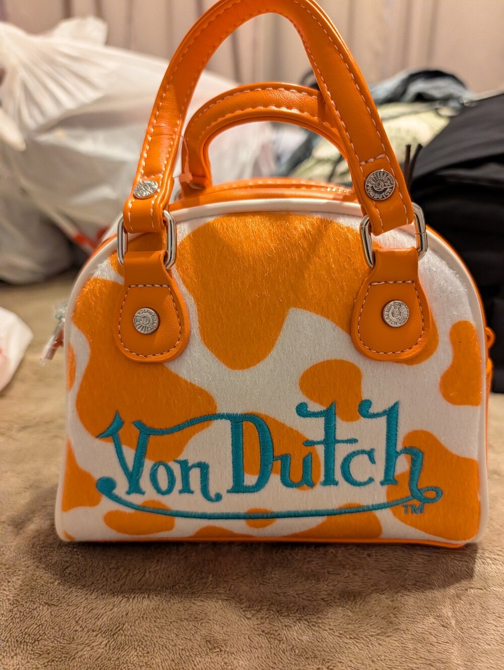Von Dutch Orange White Mini Top-Handle Bag with Teal Logo